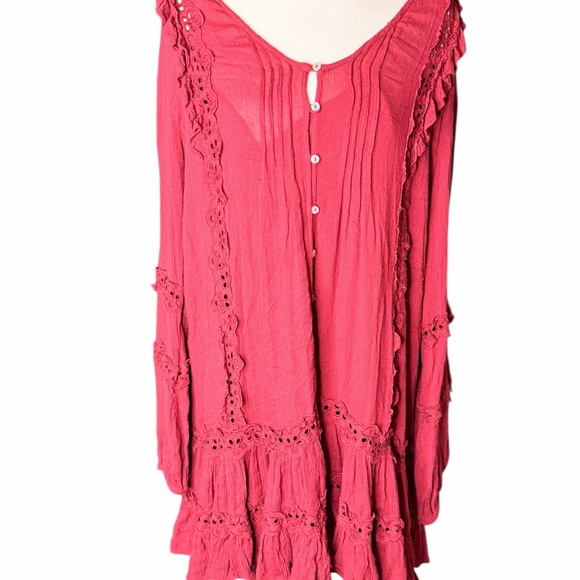 Free People Red Lace Trim Tunic - Picture 6 of 9